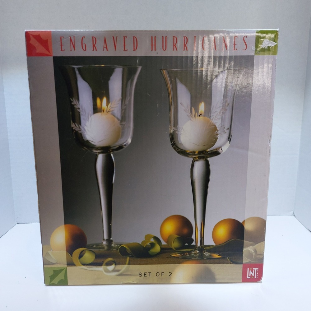 Linens N Things Engraved Hurricane Glass Candle Holders Set of 2 New in Box